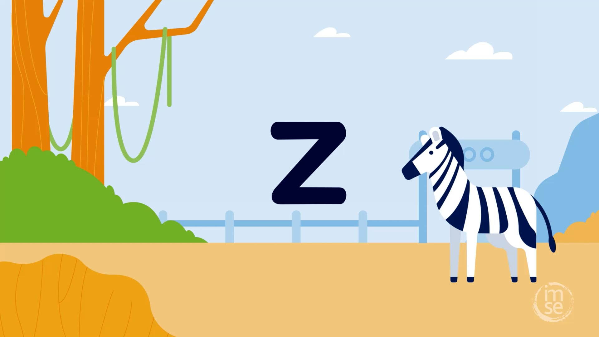 Animated zebra at a zoo alongside letter Z — from the IMSE alphabet animation series