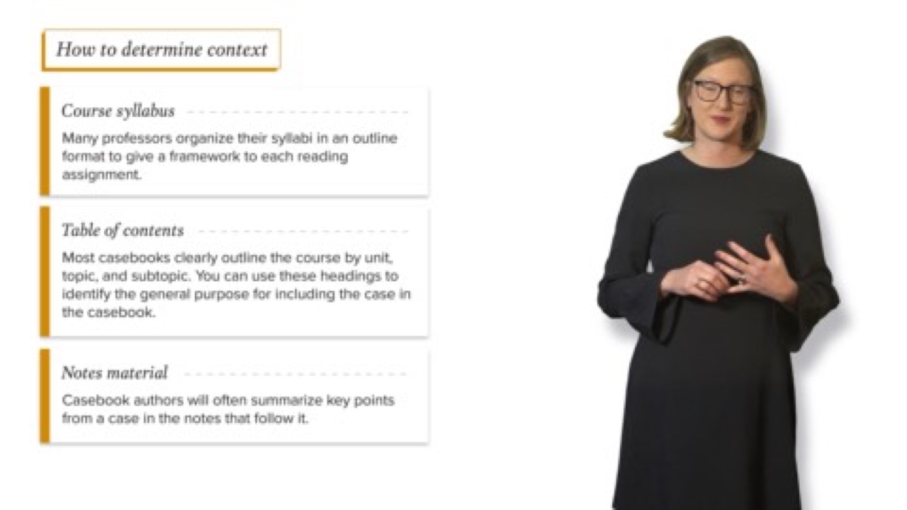 JD Edge instructor beside a three-panel explainer on determining context from a syllabus, table of contents, and notes material