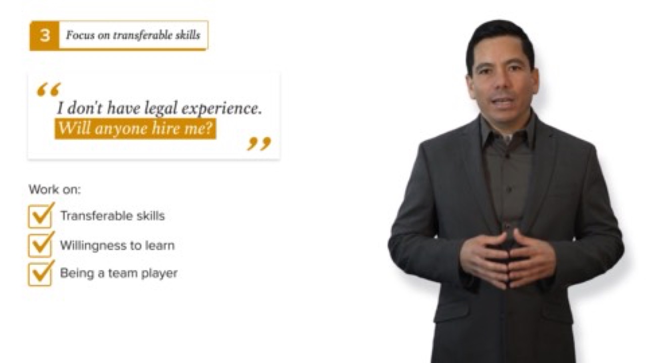JD Edge instructor beside an on-screen tip about focusing on transferable skills, with a pull quote and a three-item checklist