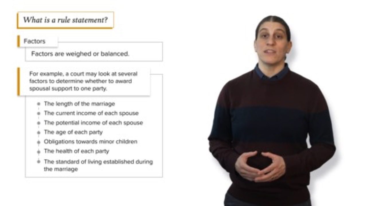 JD Edge instructor beside an on-screen breakdown of a rule statement, listing the factors a court weighs in a spousal support decision