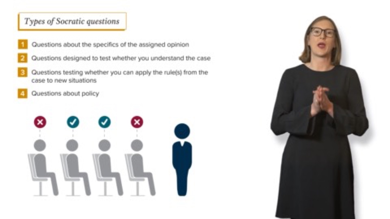 JD Edge instructor beside a list of the four types of Socratic questions, with an animated row of seated students below