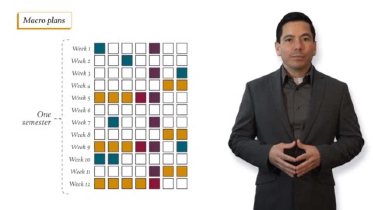 JD Edge instructor beside a twelve-week macro plan grid mapping study blocks across a semester