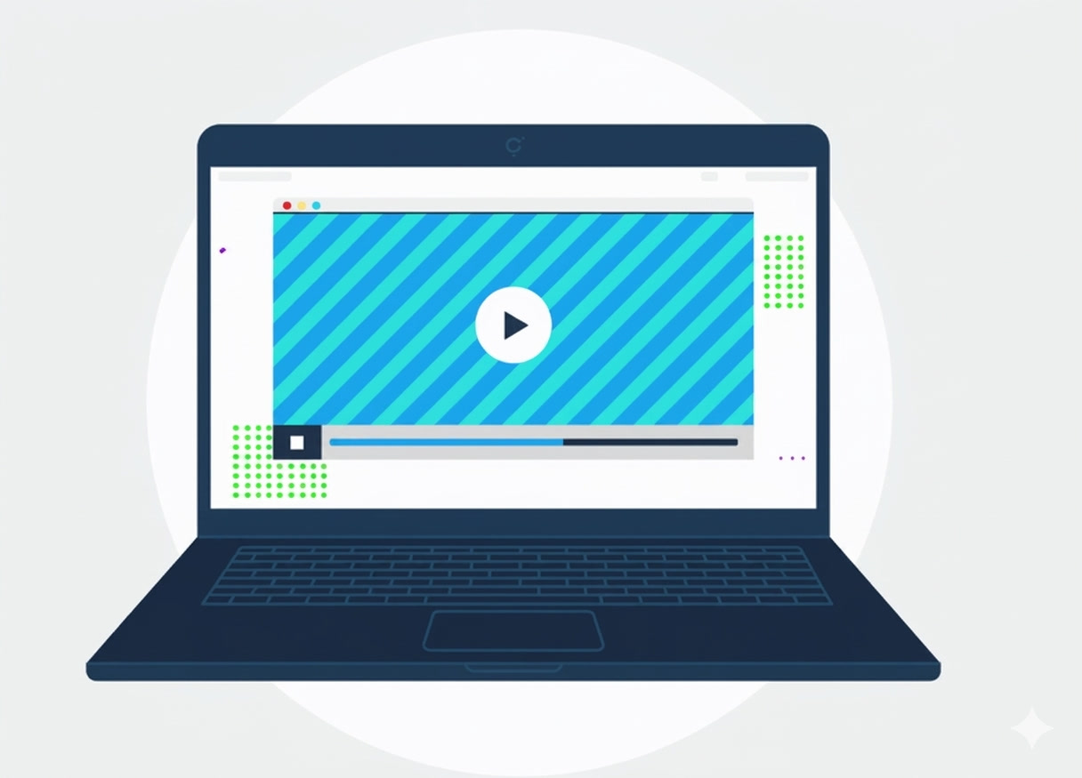 Illustrated laptop displaying a video player with play button, representing video script writing