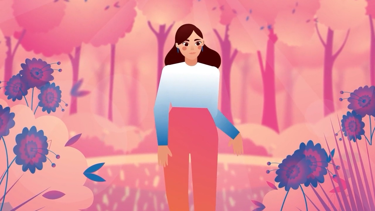 2D animated character in an illustrated forest, from Motifmotion's animation services reel covering 2D, 3D and motion graphics