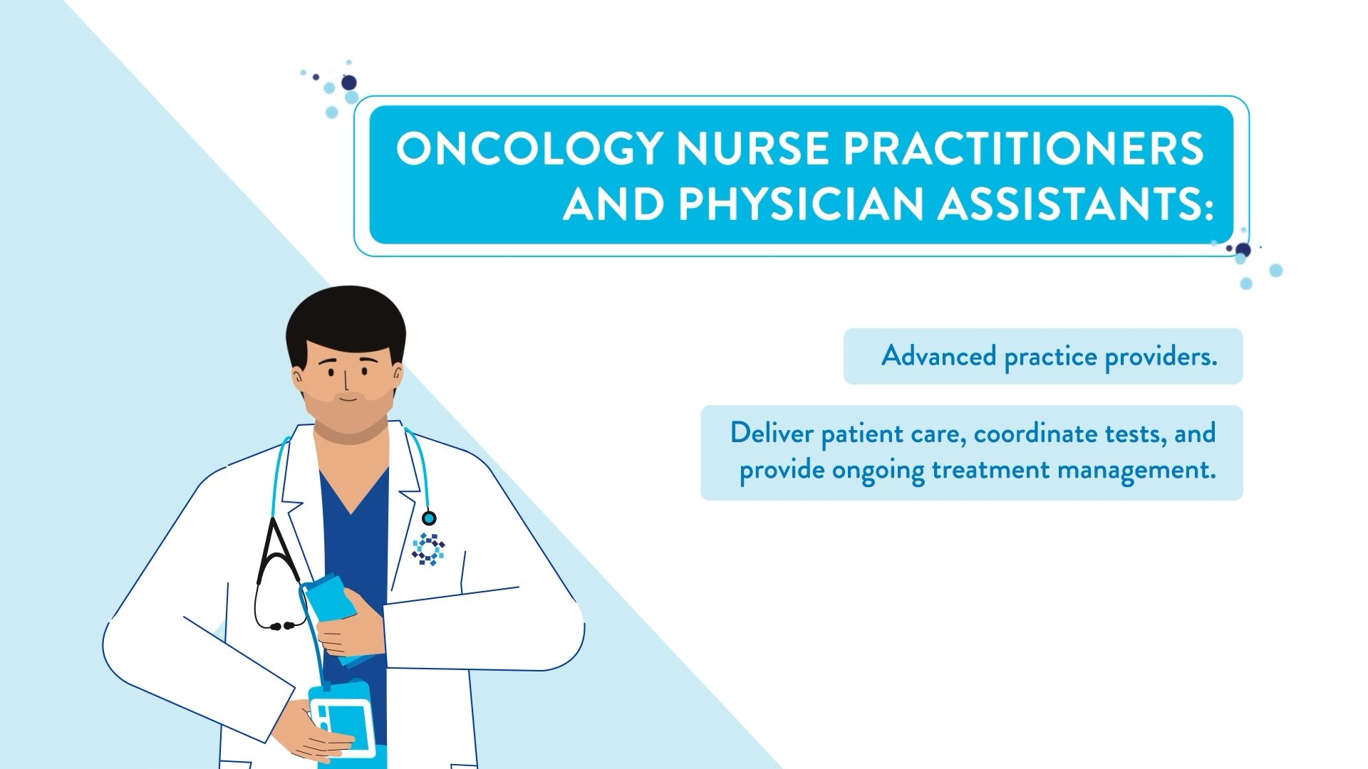 Animated clinician beside a lesson card explaining the role of oncology nurse practitioners and physician assistants