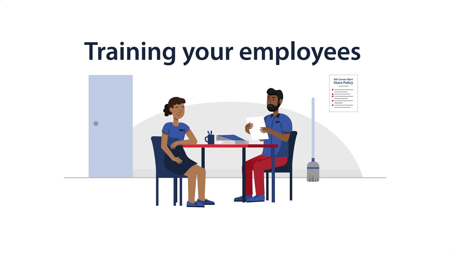 Animated store manager and employee at a table reviewing a store policy, under the heading Training your employees