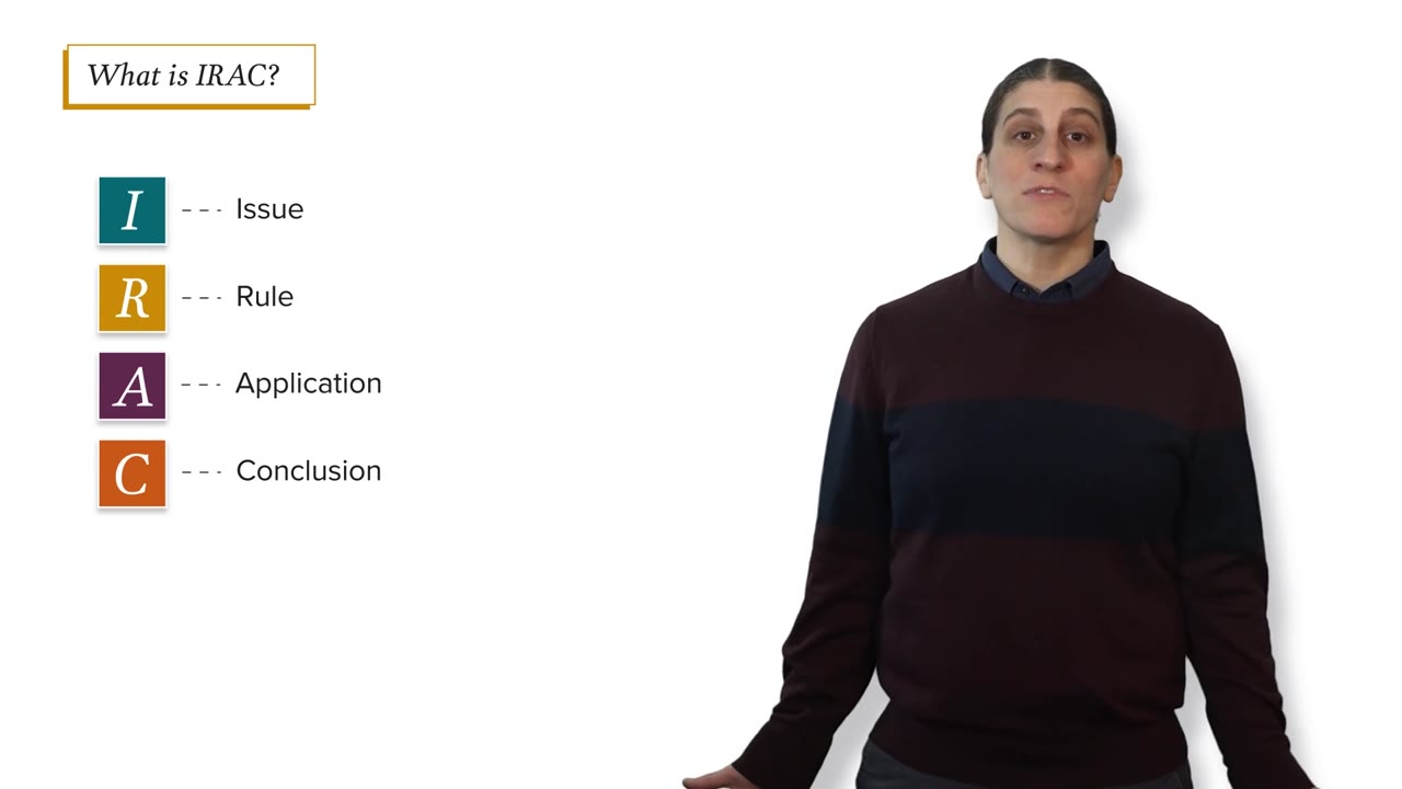 JD Edge presenter on camera beside an animated IRAC framework, filmed for AccessLex