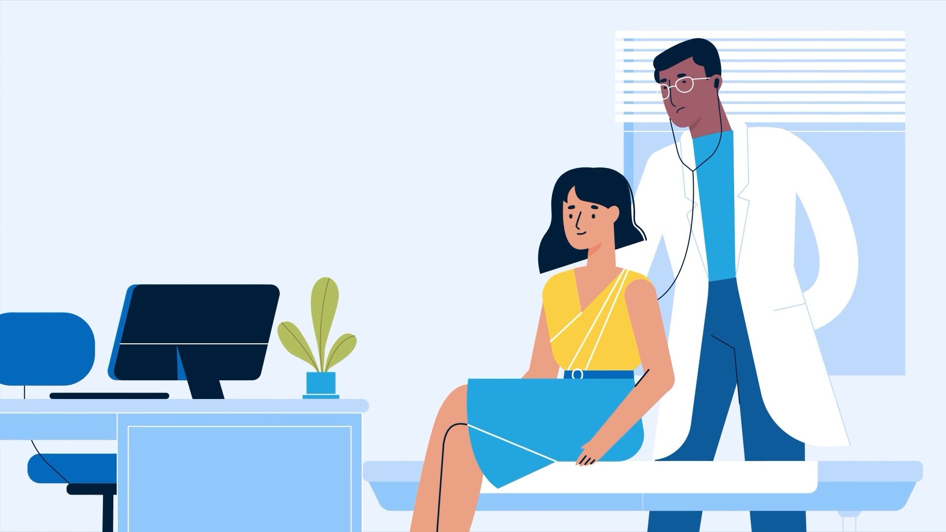 Animated doctor with a stethoscope examining a patient seated on an exam table in a bright clinic