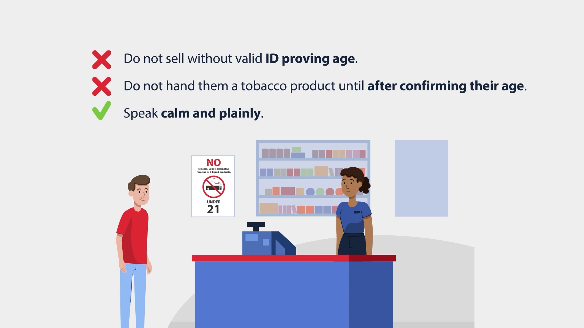 Animated store clerk and customer at a counter under on-screen rules for checking ID before a sale