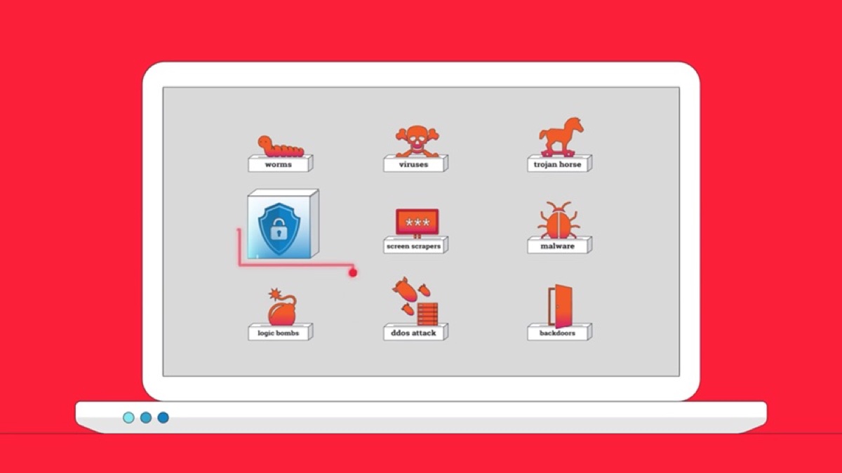 Moderate motion graphics: a custom-built icon system filling a laptop screen, from Motifmotion's work for the Cybersecurity Association of Maryland
