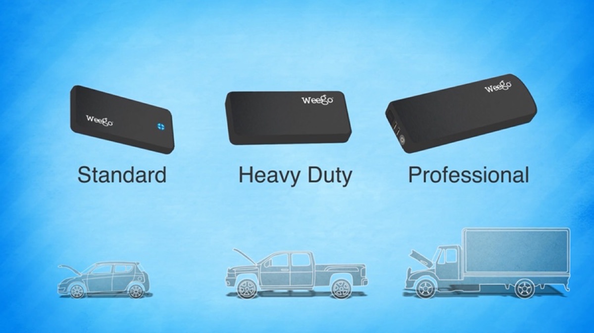 Complex motion graphics: three Weego jump starters rendered with labels above a line-art lineup of a car, pickup and truck, from Motifmotion product graphics work