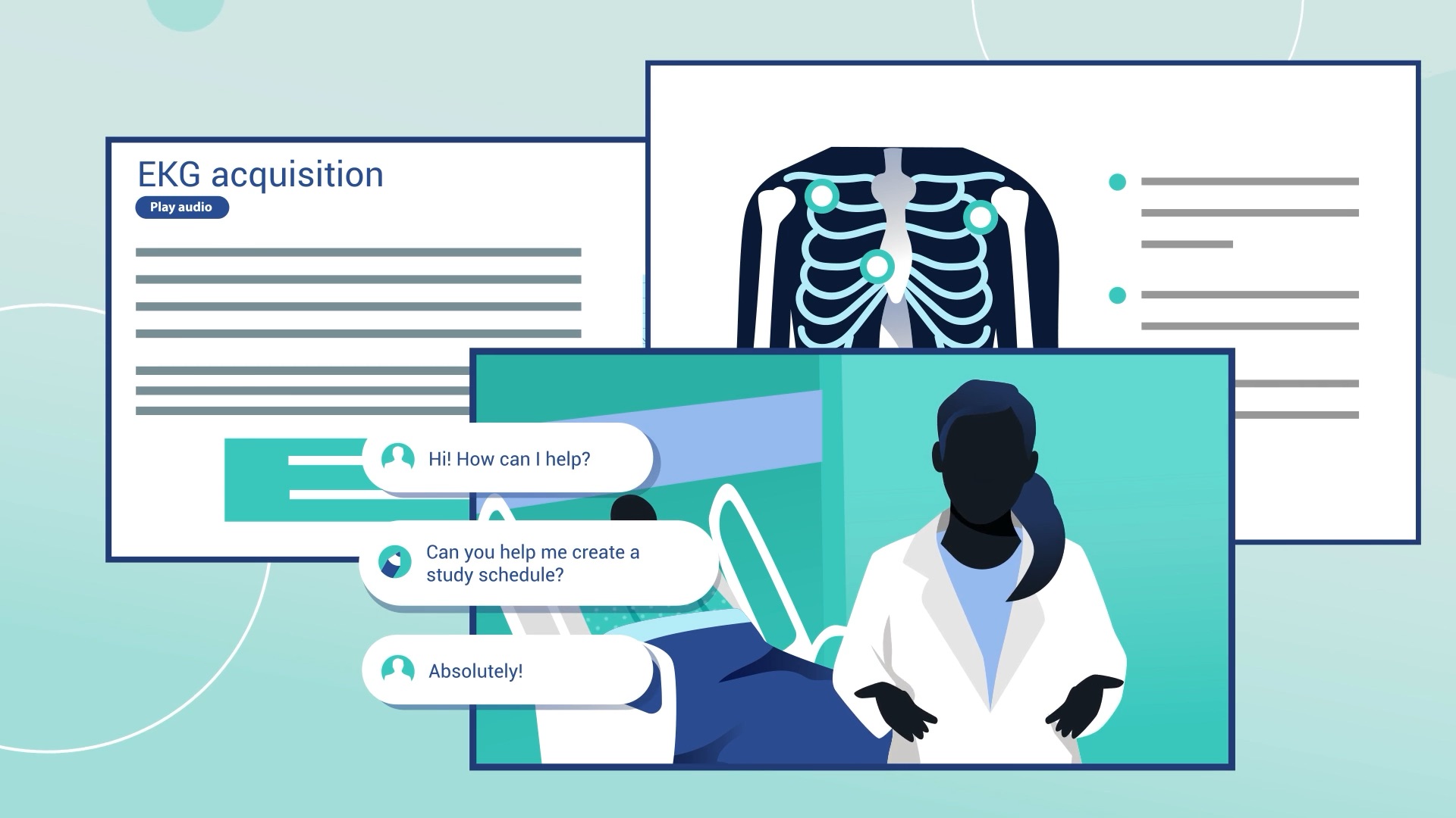 A clinical training simulation module, showing an EKG acquisition lesson and a study-schedule chat prompt