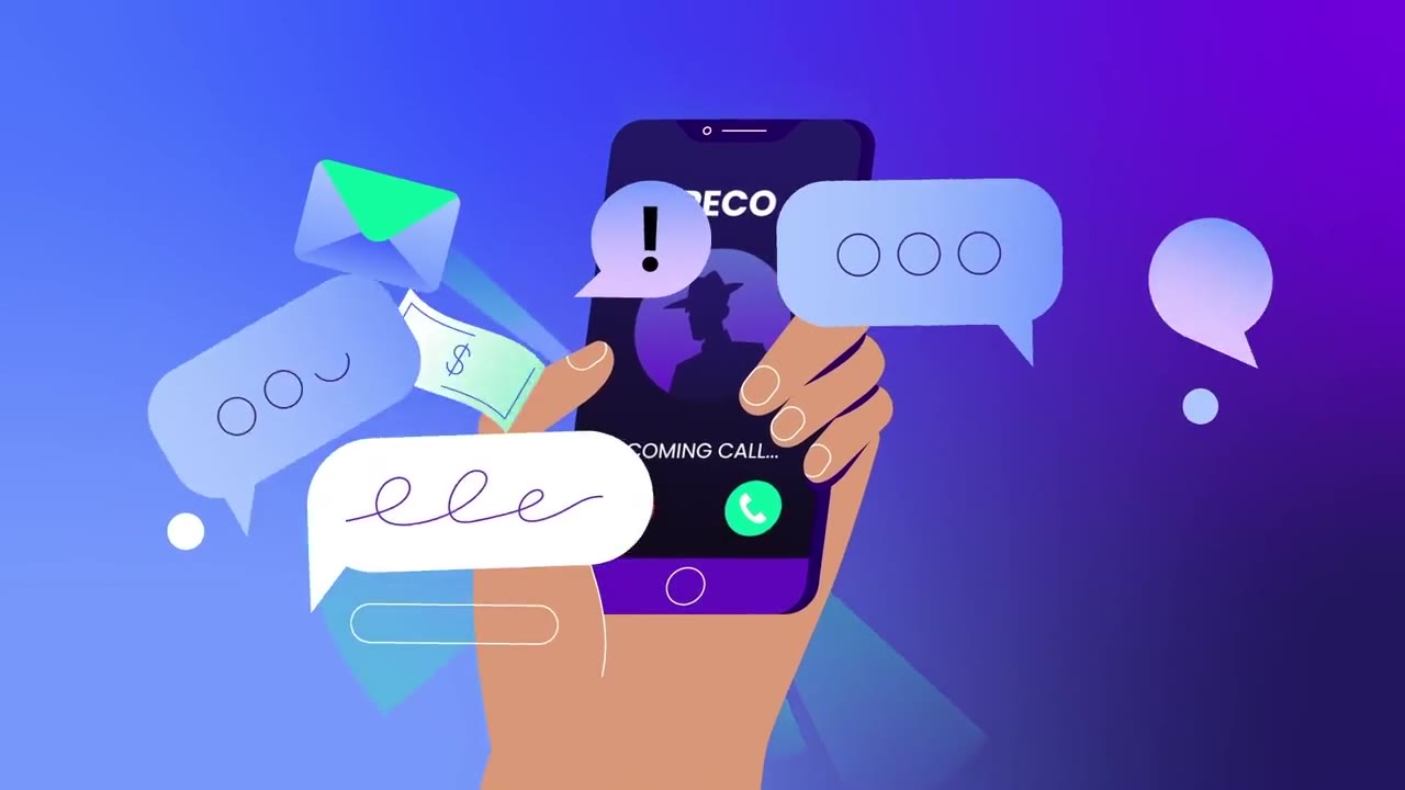 Animated phone receiving a spoofed call that appears to come from PECO, surrounded by scam messages, from a PECO customer education video on scams