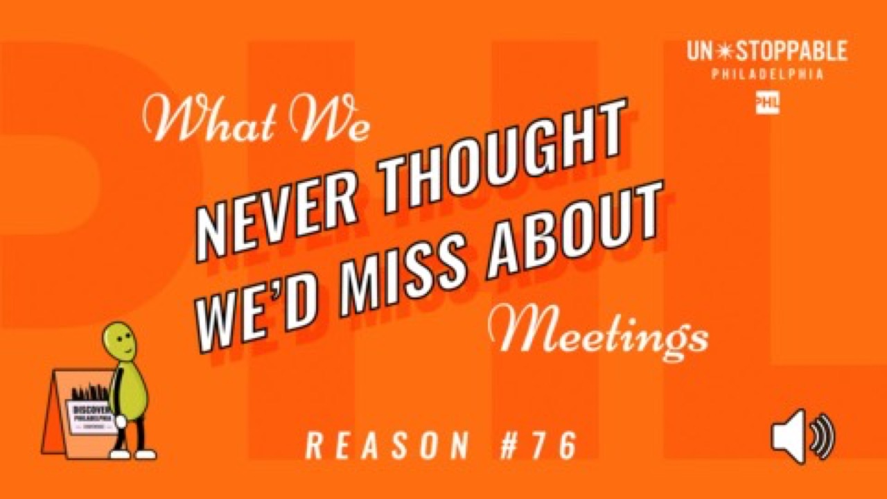 Title card for The Close Talker, an episode of the DiscoverPHL What We Never Thought We'd Miss About Meetings animated series, on a orange background