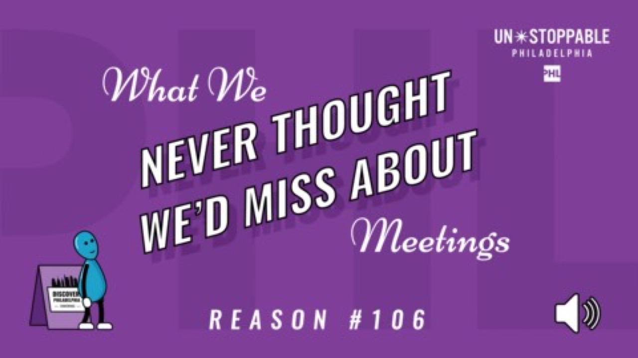 Title card for Too Much Swag, an episode of the DiscoverPHL What We Never Thought We'd Miss About Meetings animated series, on a purple background