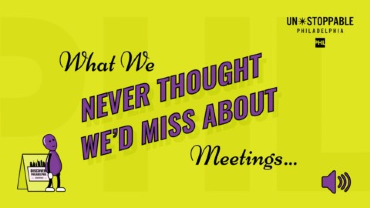 Title card for The Fight To Charge, an episode of the DiscoverPHL What We Never Thought We'd Miss About Meetings animated series, on a yellow background