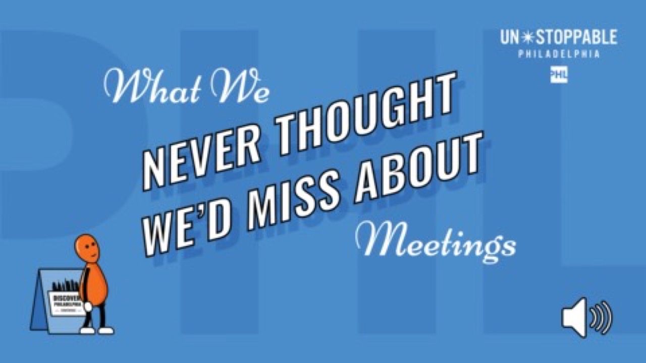 Title card for Empty Row Deception, an episode of the DiscoverPHL What We Never Thought We'd Miss About Meetings animated series, on a blue background