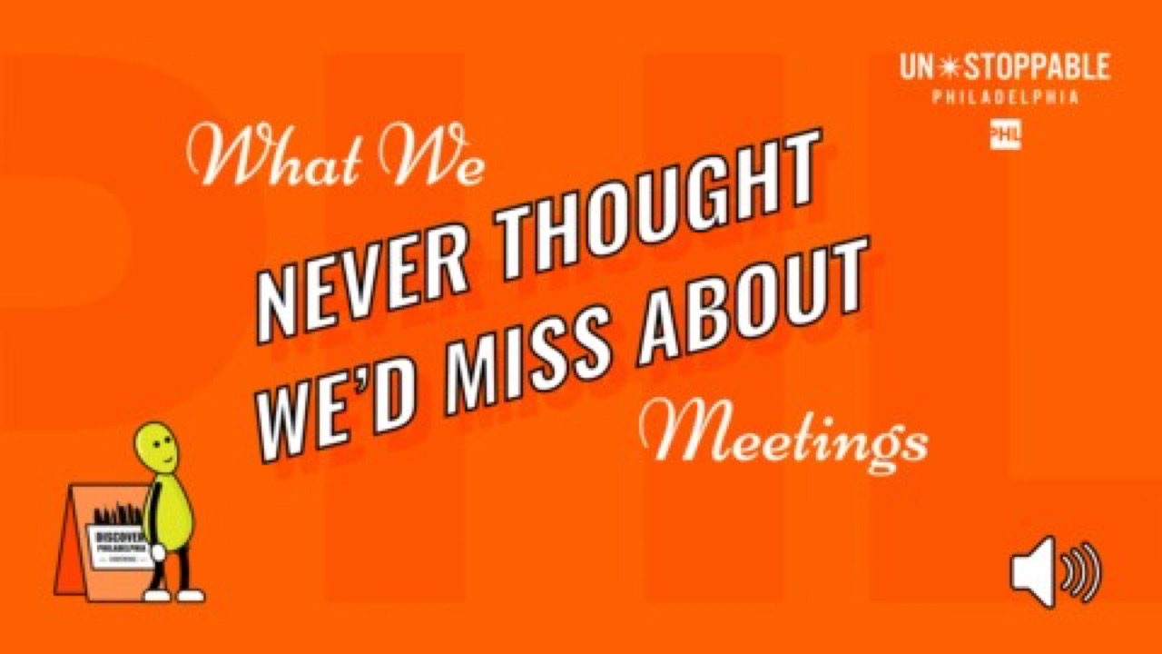 Title card for All The Food, an episode of the DiscoverPHL What We Never Thought We'd Miss About Meetings animated series, on a orange background