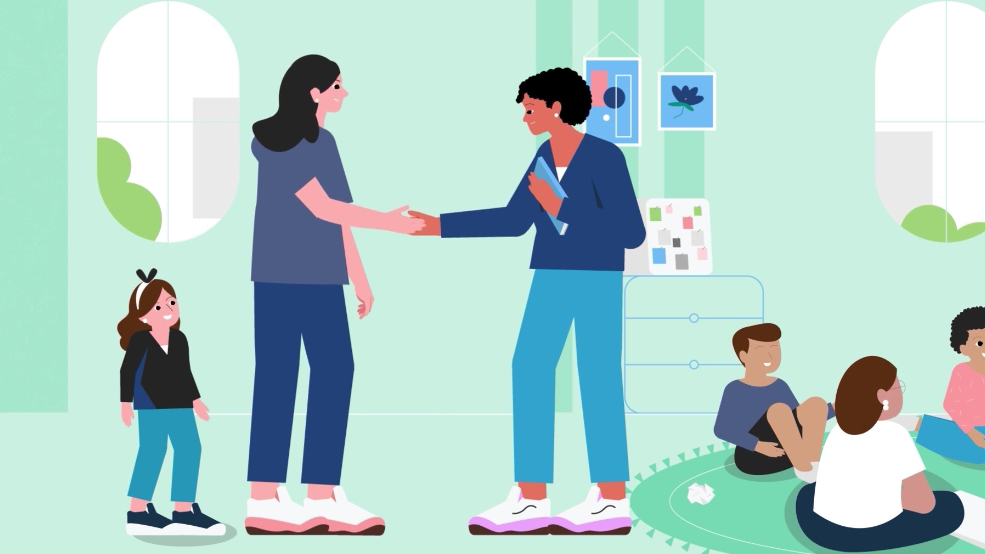 Animated parent shaking hands with a child care provider while her daughter waits and children play, from an instructional video for PHMC's Early Learning Resource Center 18