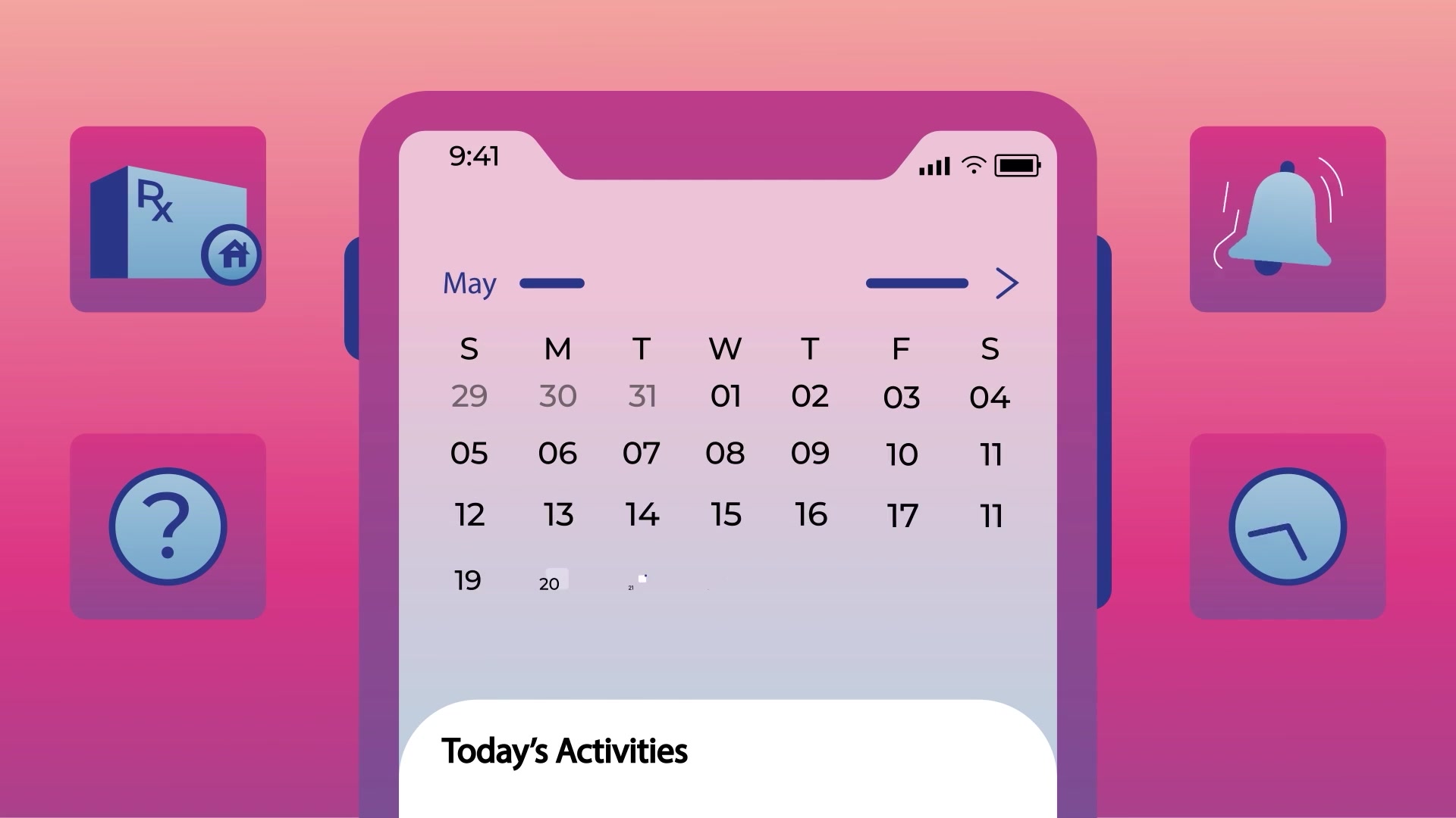 Animated Pixel app calendar screen showing today's activities, surrounded by icons for prescriptions, questions, reminders and timing