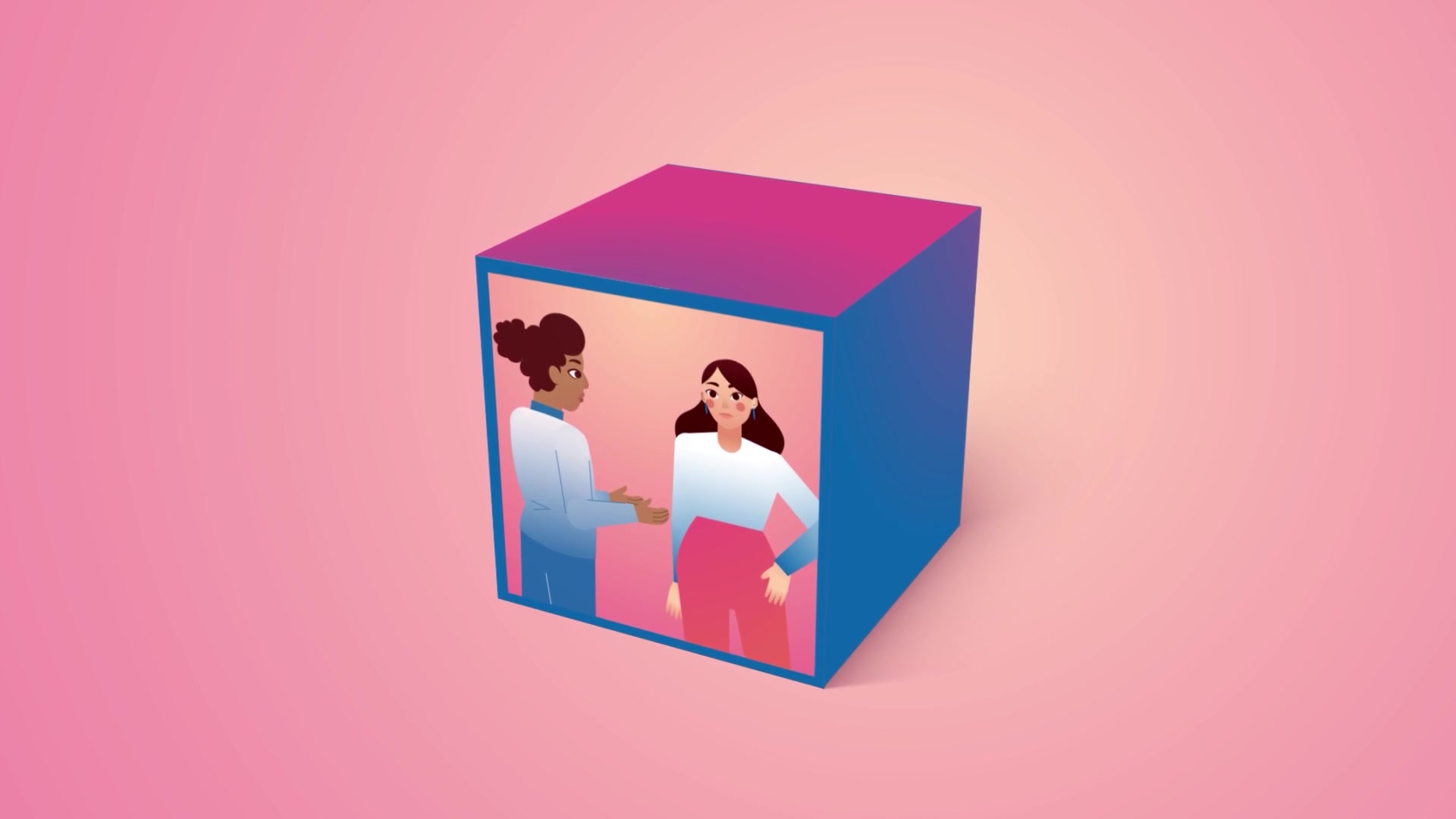 Animated cube built from Pixel squares, showing the patient with her care team on its faces, from the Pixel welcome video