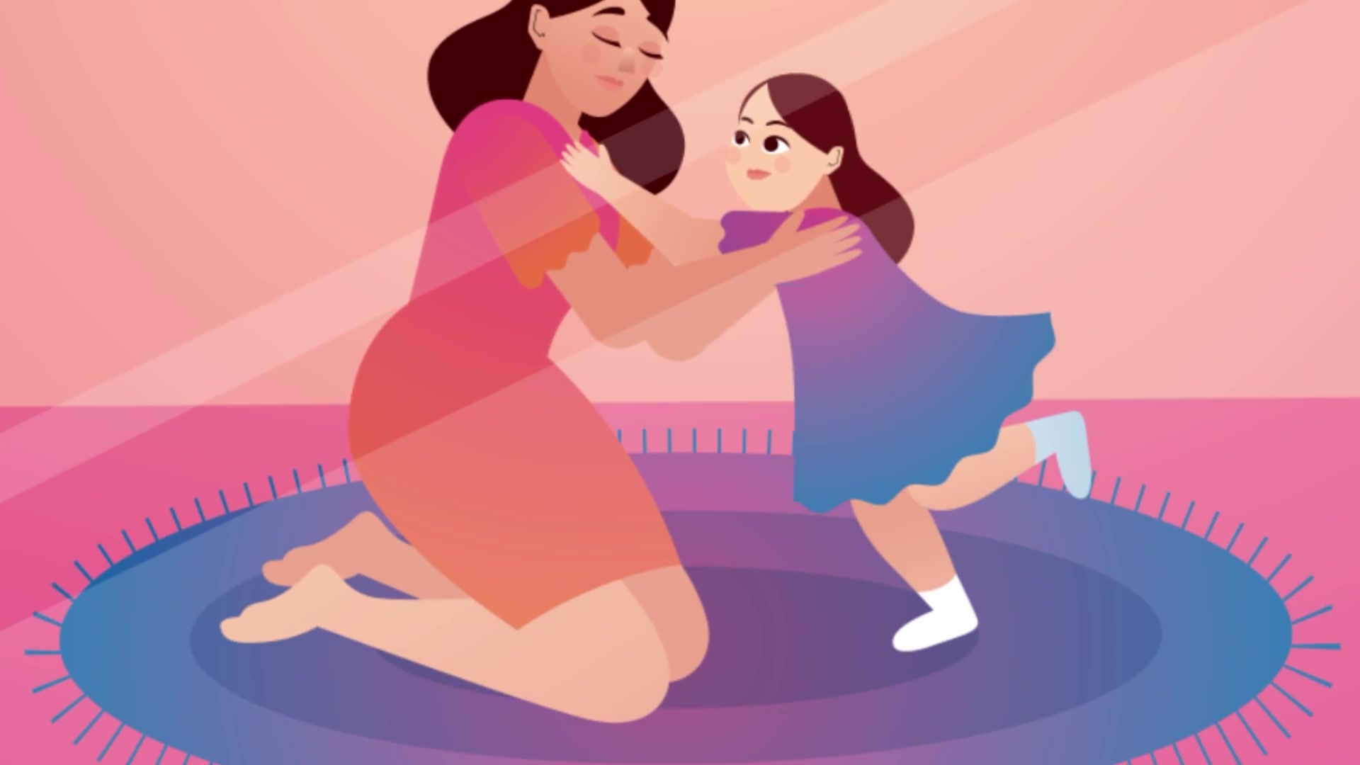 Animated mother kneeling to hug her young daughter, from a welcome video produced for Pixel Fertility