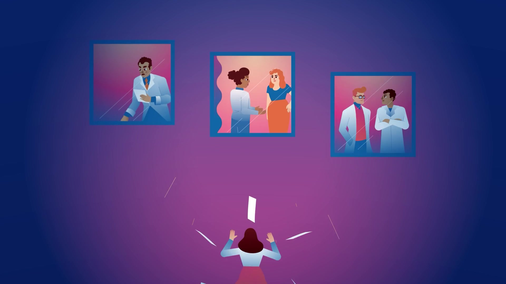 Animated patient caught between three separate windows showing her clinic, her doctor and her pharmacy, from the Pixel welcome video