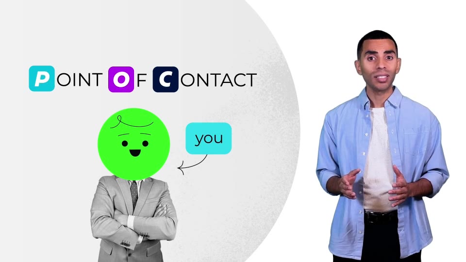 Presenter beside an animated 'Point of Contact' title and cartoon character, from a Motifmotion training tutorial