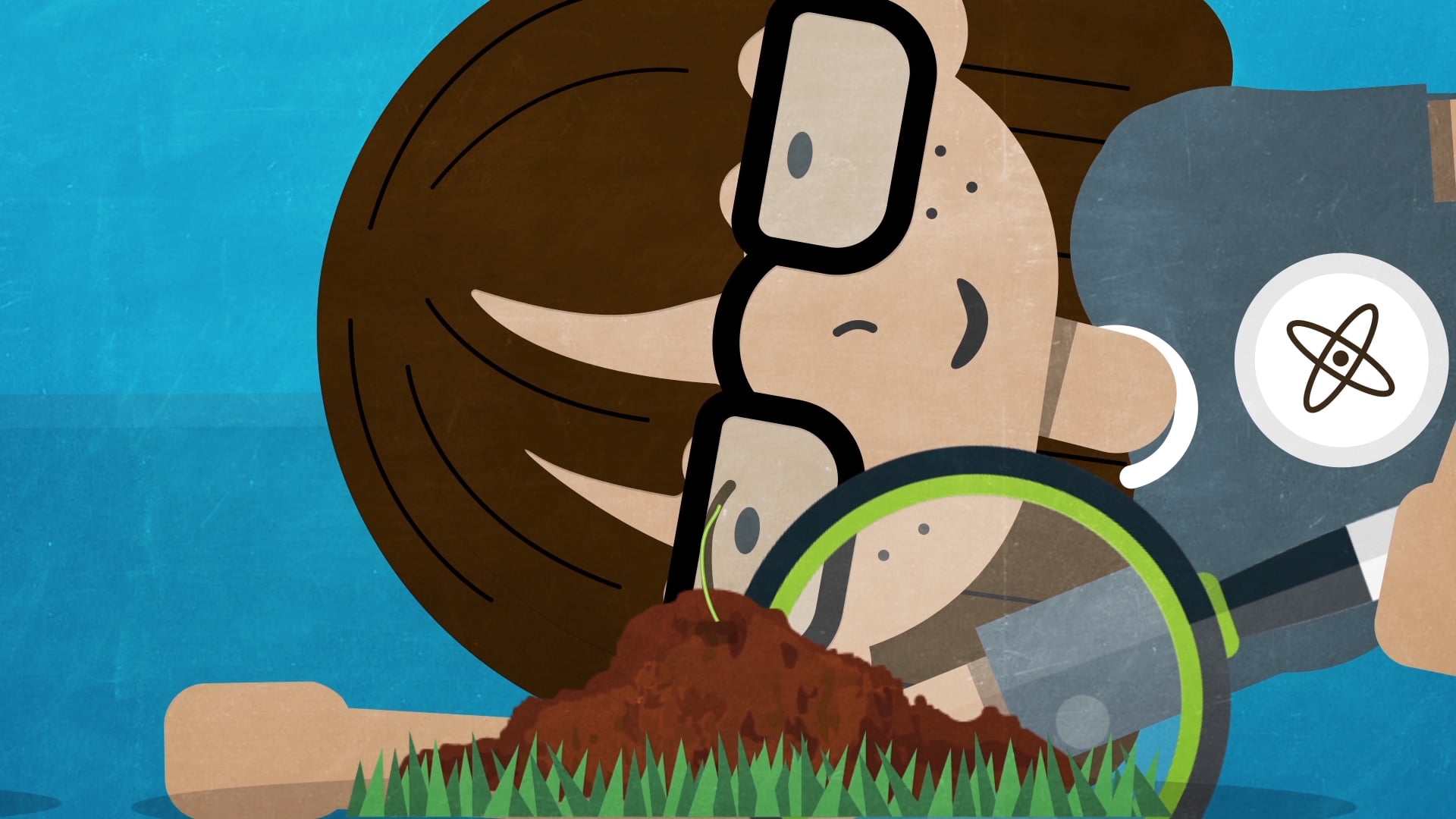 Animated scientist character examining soil with a magnifying glass in a SYNAPSE explainer video
