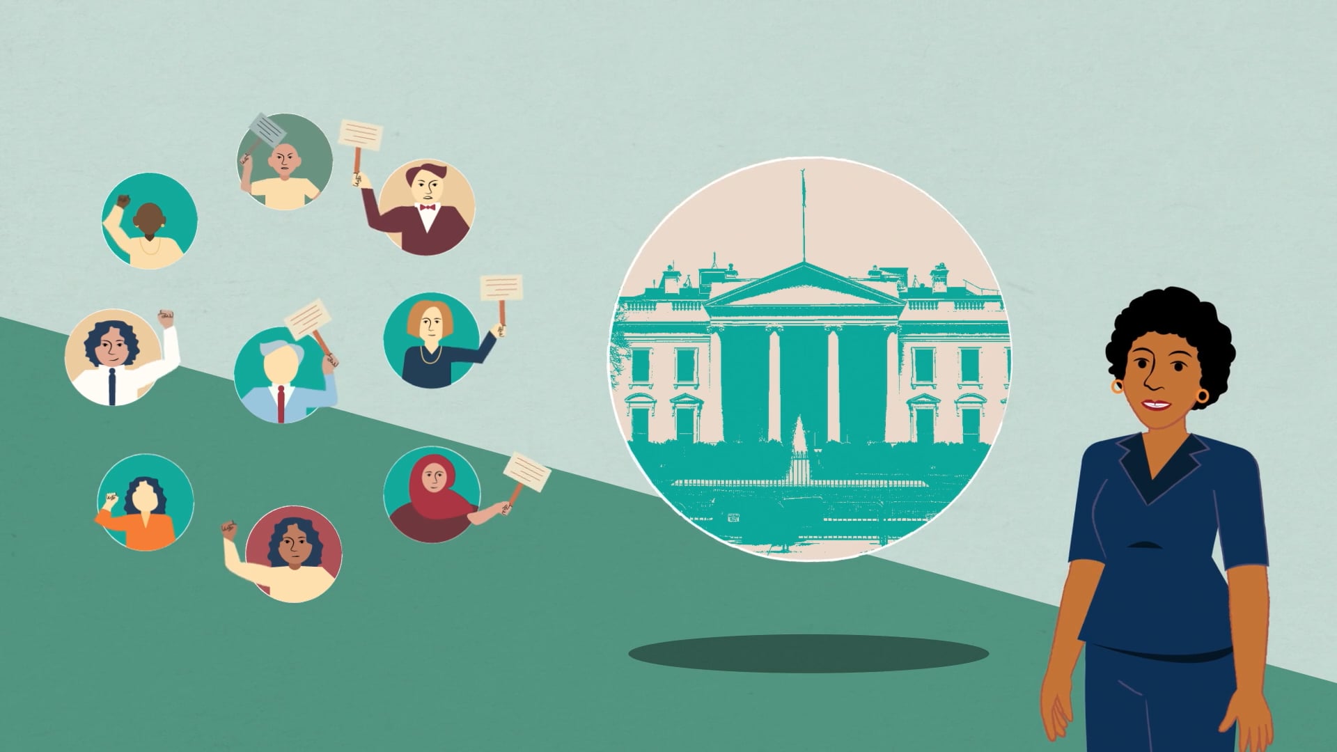 Animated scene of diverse protesters with signs facing the White House, from a WHYY civics series on free speech