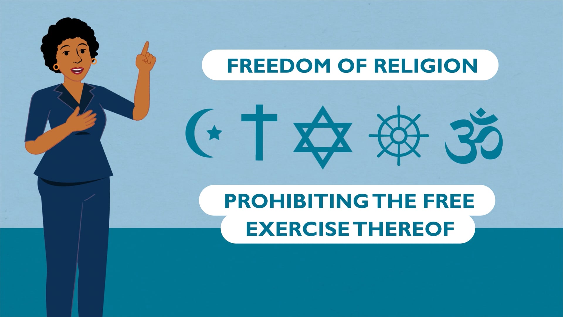 Animated presenter explaining freedom of religion, with multi-faith symbols and First Amendment text