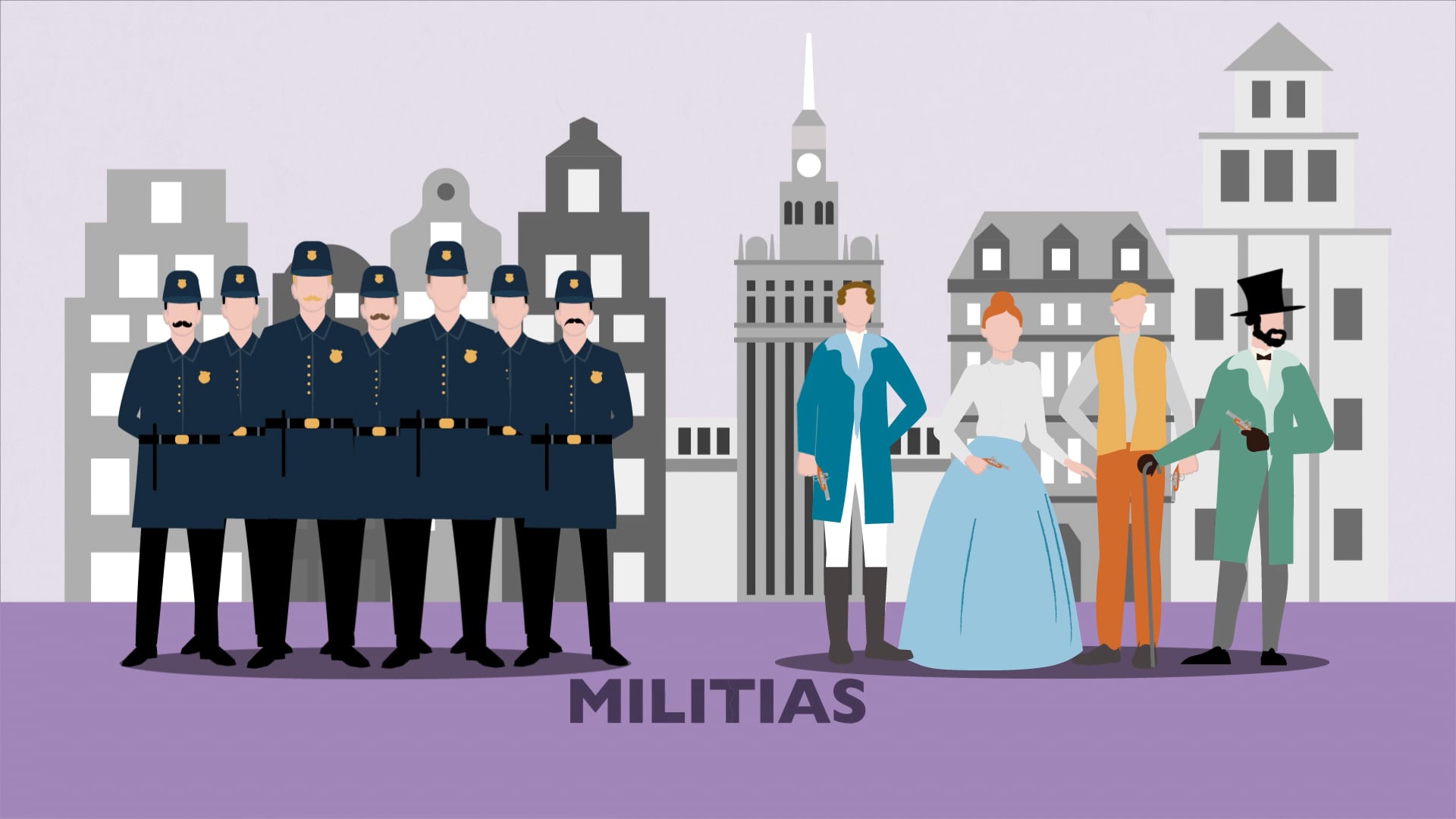 Animated scene contrasting uniformed police officers with armed colonial-era civilians, labeled "Militias"